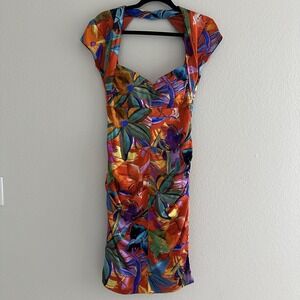 Cache Floral Bodycon Dress Women 10 Orange Tropical Ruched Cutout Back Y2K